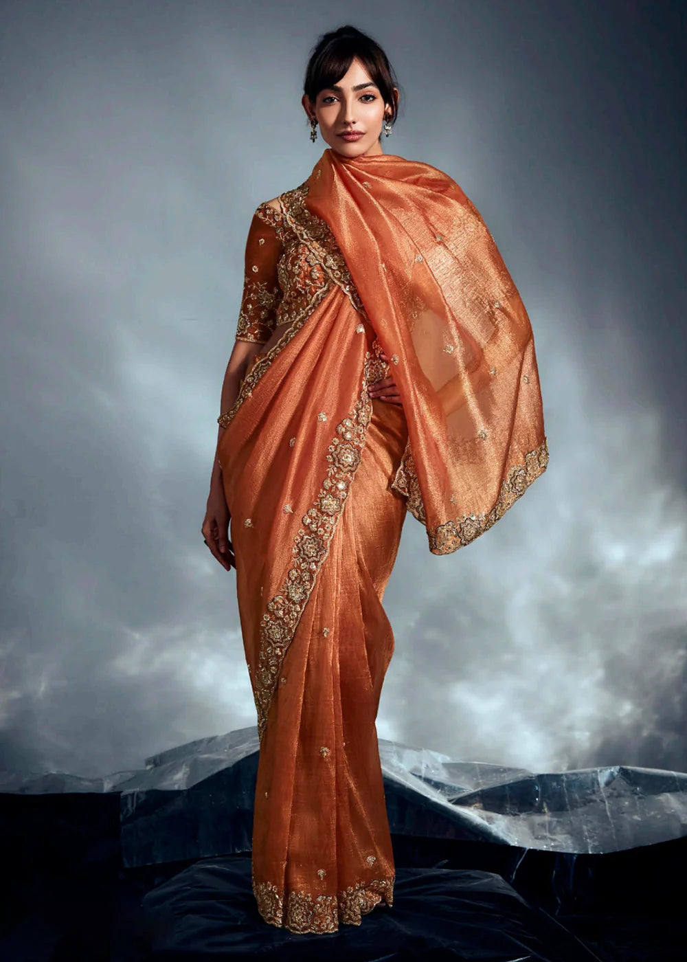 Designer Orange Silk Saree with Zari Embroidery and Readymade Blouse For Indian Wedding