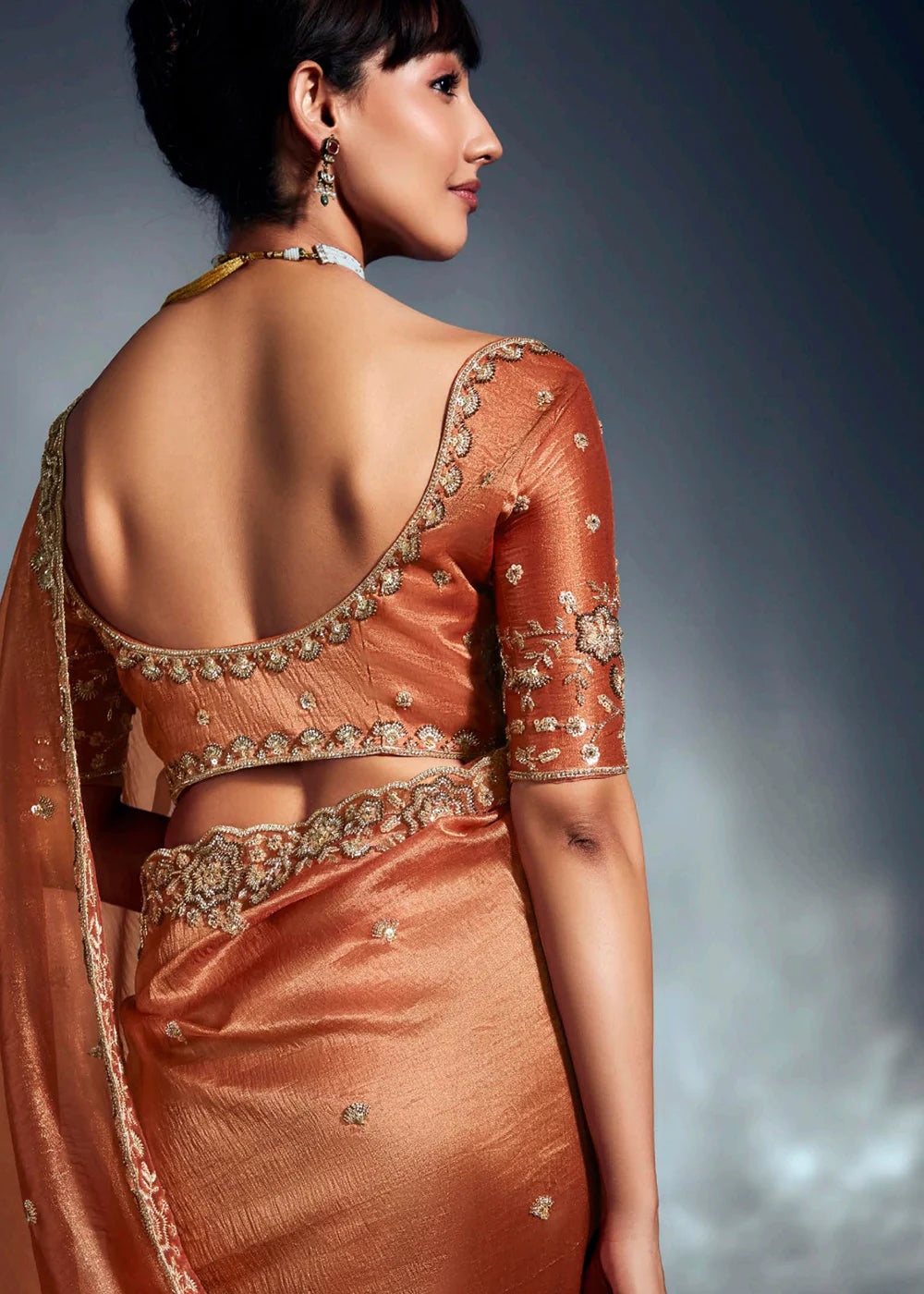 Designer Orange Silk Saree with Zari Embroidery and Readymade Blouse For Indian Wedding