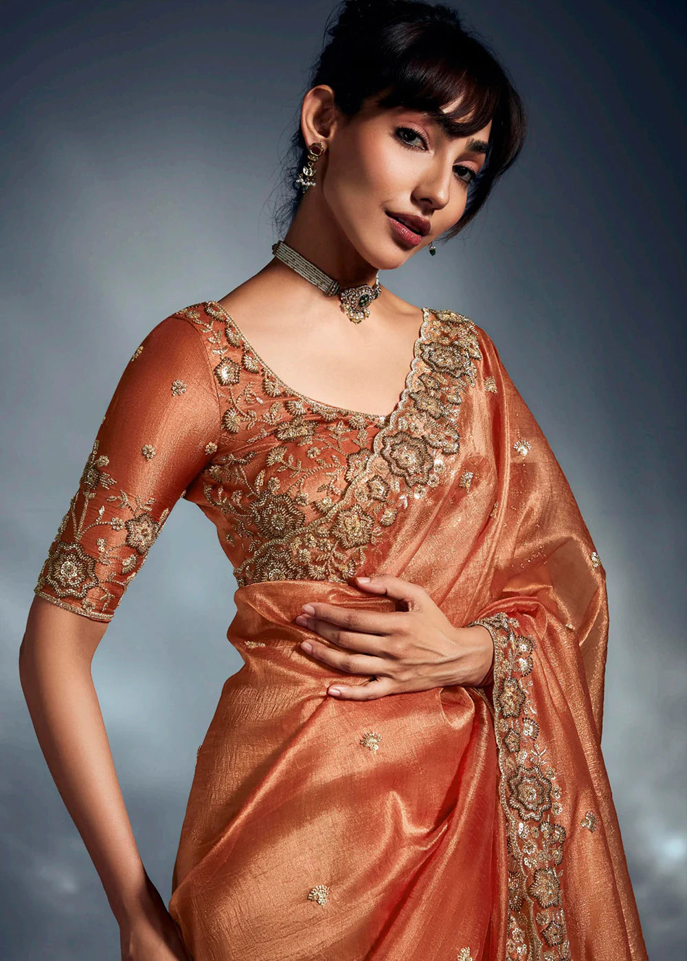 Designer Orange Silk Saree with Zari Embroidery and Readymade Blouse For Indian Wedding