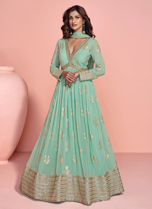 Mint Green Jacquard Silk Anarkali Gown For Indian Wedding and Pakistani Party Wear