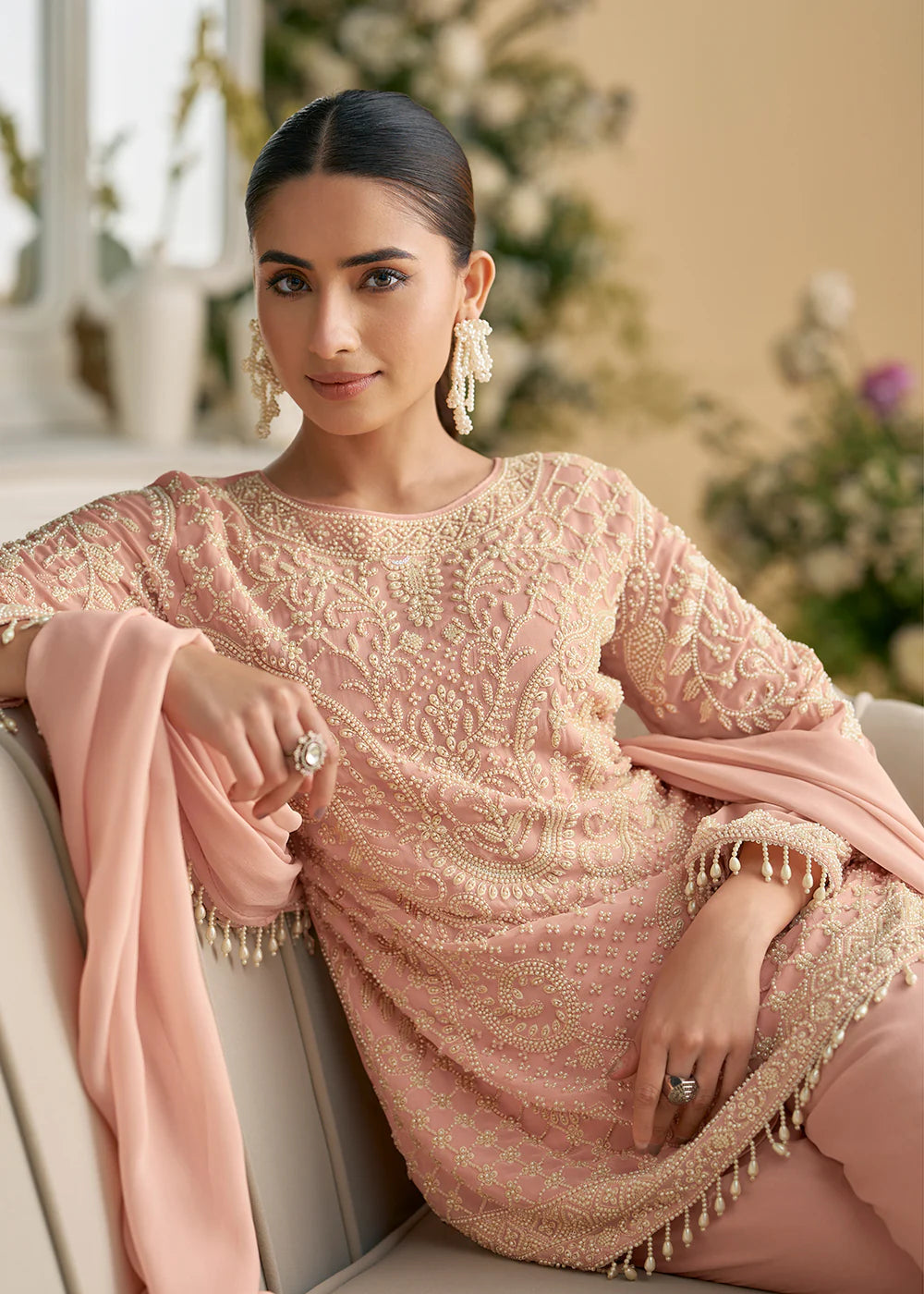 Peach Georgette Embroidered Pant Style Suit With Dupatta For Indian Wedding and Pakistani Festival