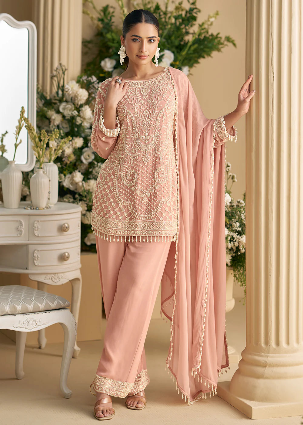 Peach Georgette Embroidered Pant Style Suit With Dupatta For Indian Wedding and Pakistani Festival