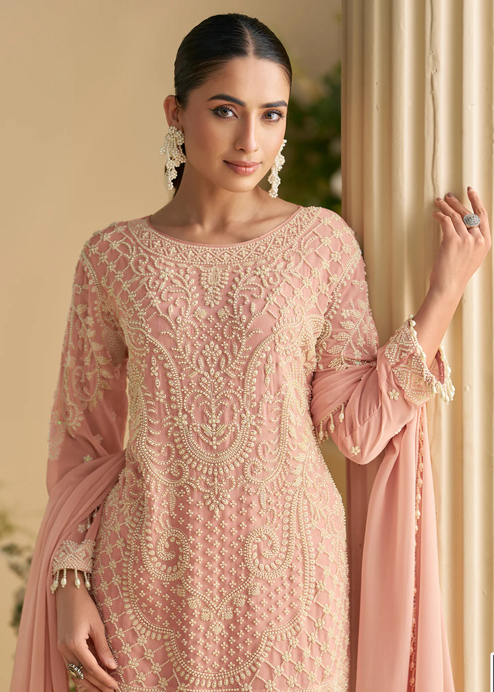 Peach Georgette Embroidered Pant Style Suit With Dupatta For Indian Wedding and Pakistani Festival