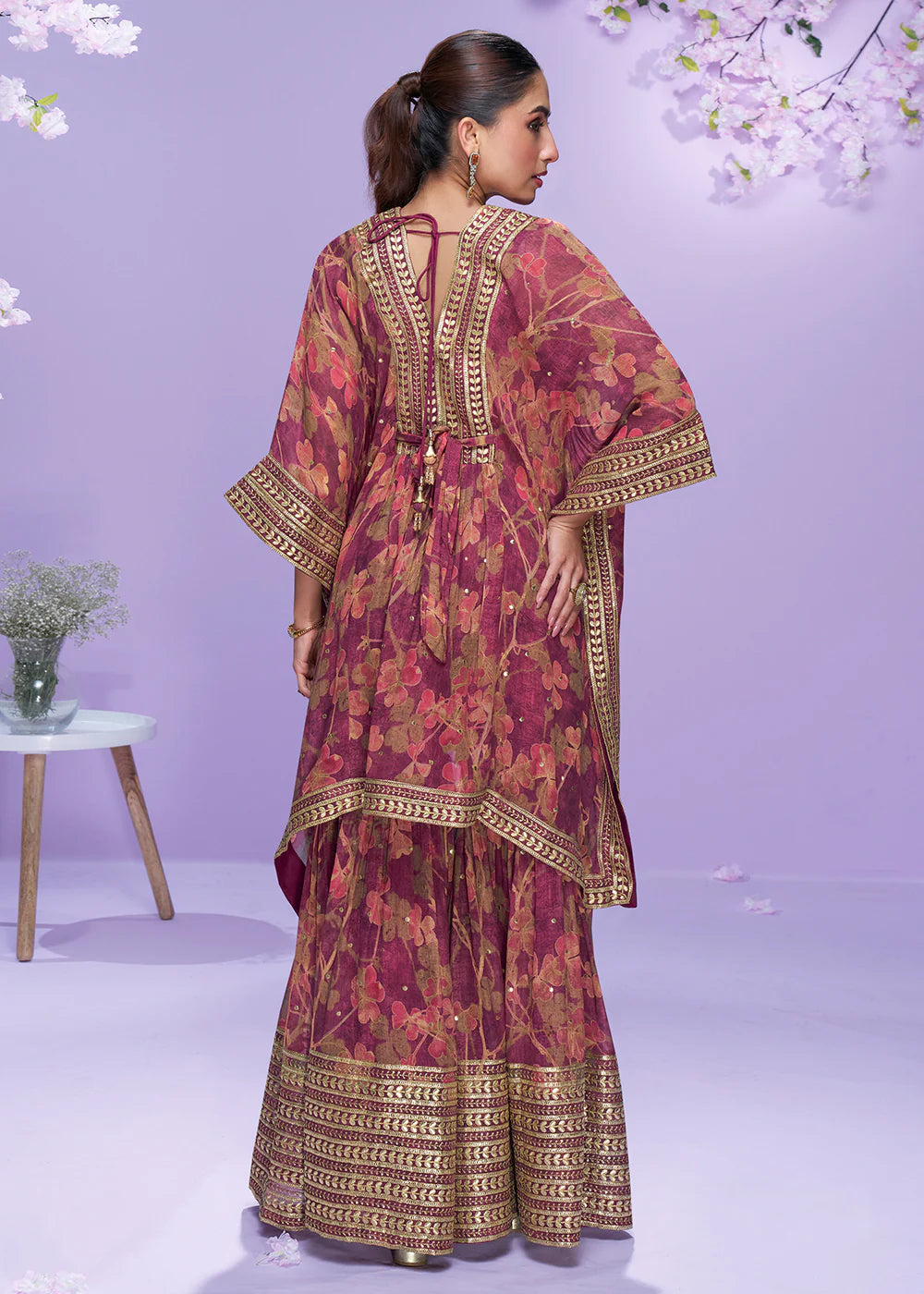 Designer Reddish Georgette Kaftan Sharara Suit For Indian Wedding and Pakistani Festival