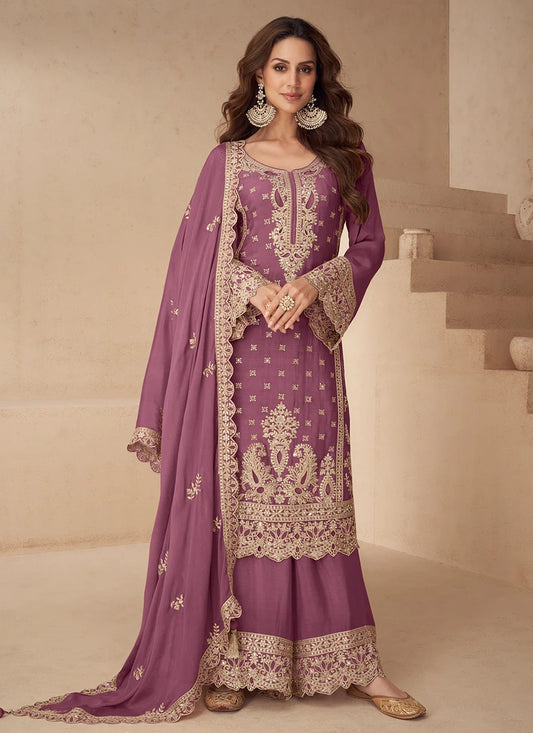 Designer Mauve Chinon Silk Palazzo Suit for Diwali & Weddings