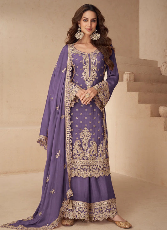 Purple Chinon Palazzo Suit with Dupatta For Indian Wedding and Pakistani Festival.