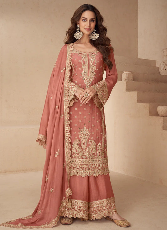 Peach Chinon Silk Palazzo Suit with Dupatta For Punjabi Wedding