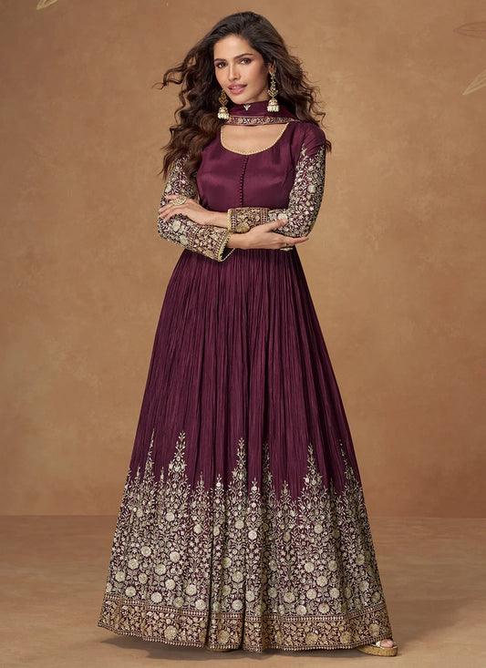 Party Wear Wine Chinon Silk Anarkali Suit with Floral Embroidery