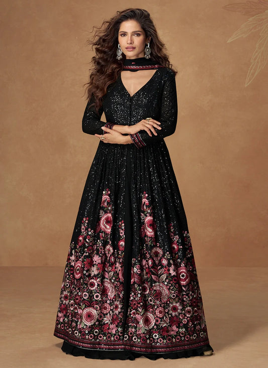 Party Wear Black Chinon Silk Anarkali Suit with Floral Embroidery