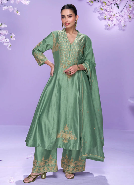 Mint Green Roman Silk Long Kurta Palazzo Suit for Indian Wedding and Pakistani Festival