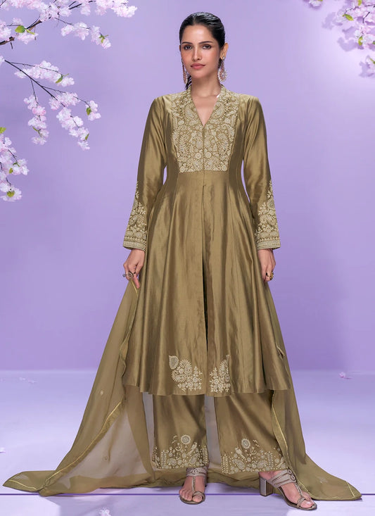 Olive Green Roman Silk Long Kurta Palazzo Suit for Indian Wedding and Pakistani Festival