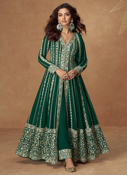 Party Wear Geen Chinon Silk Anarkali Suit with Heavy Embroidery