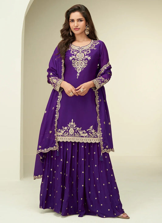 Purple Chinon Embroidered Sharara Suit For Indian Wedding and Pakistani Festival