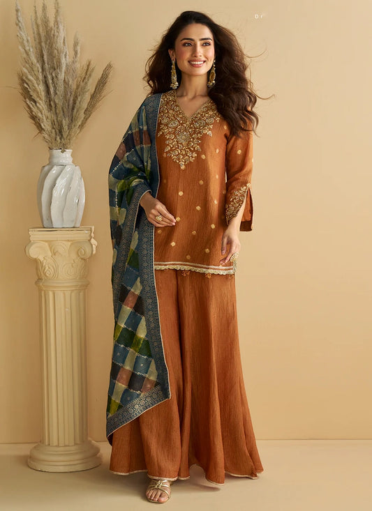 Rust Brown Chinon Sharara Suit with Contrast Blue Dupatta For Indian Wedding