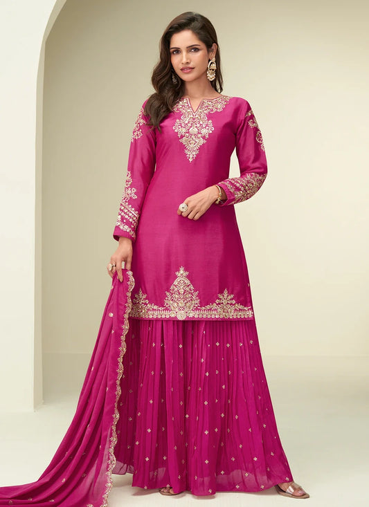 Pink Chinon Embroidered Sharara Suit For Indian Wedding and Pakistani Festival