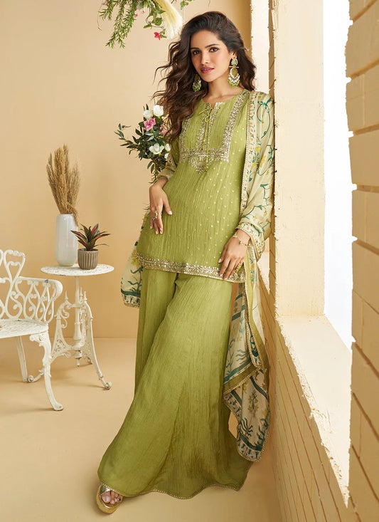 Pistachio Green Chinon Silk Sharara Suit with Thread Work & Printed Dupatta
