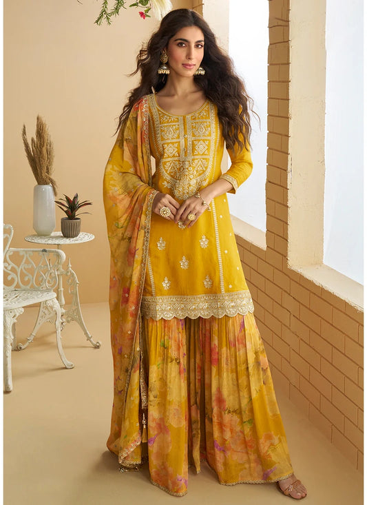 Designer Mustard Yellow Chinon Sharara Suit with Ombre Dupatta For Haldi Function