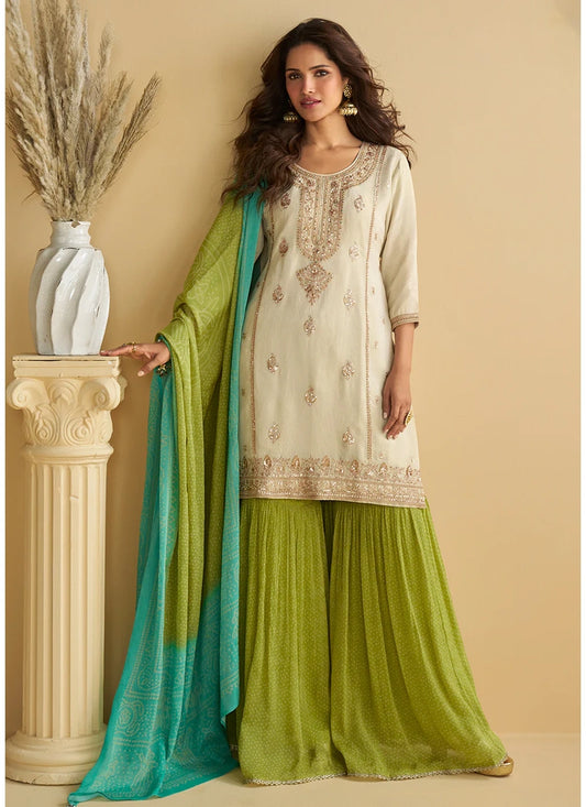 Cream and Green Chinon Sharara Suit With Dupatta For Indian Wedding and Pakistani Festival