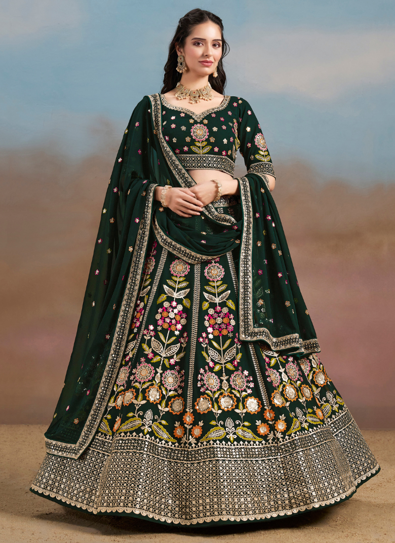 Green Georgette Lehenga Choli with Dupatta for Indian Wedding and Pakistani Festival – Multi Thread and Mirror Embroidery Work