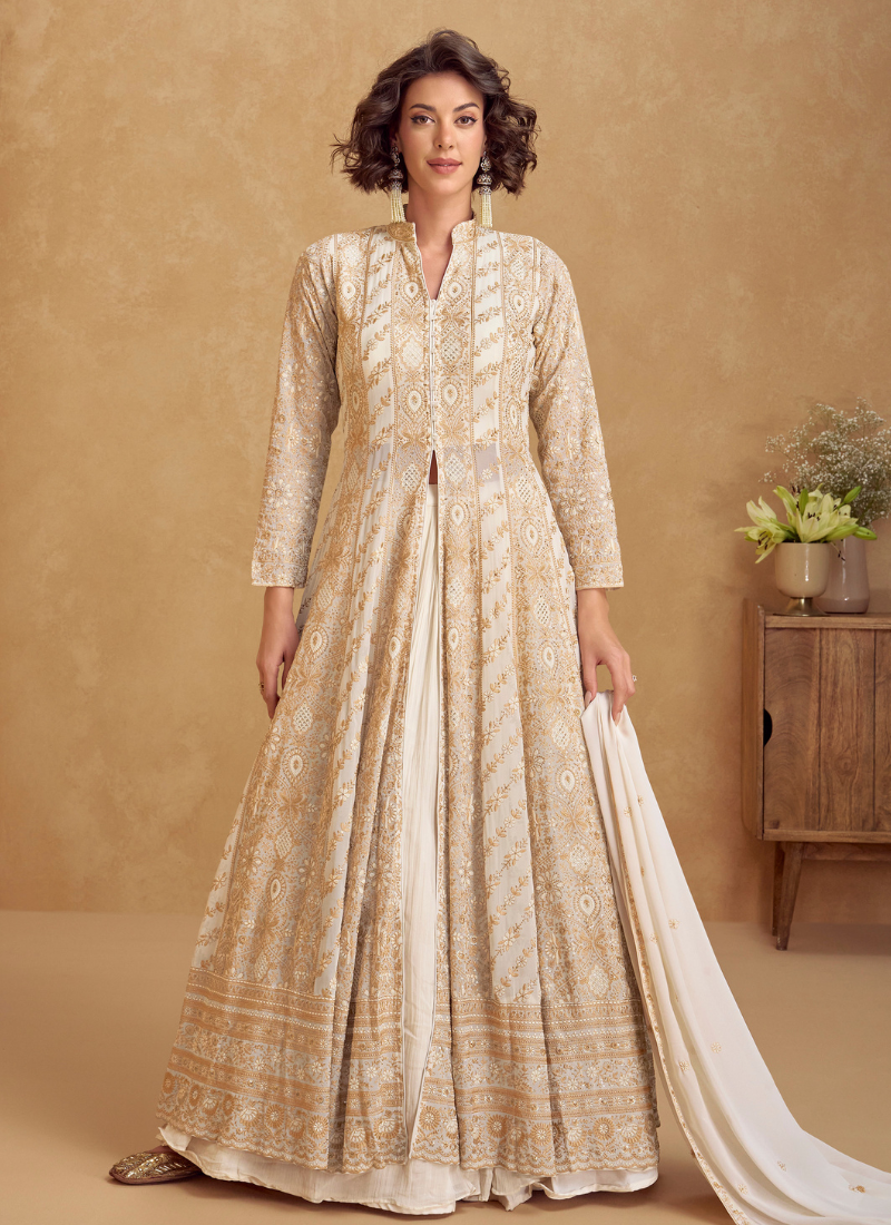 Beige Embroidered Georgette Long Sleeve Anarkali Suit with Dupatta – Indian Pakistani Wedding
