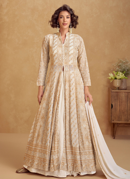 Beige Embroidered Georgette Long Sleeve Anarkali Suit with Dupatta – Indian Pakistani Wedding