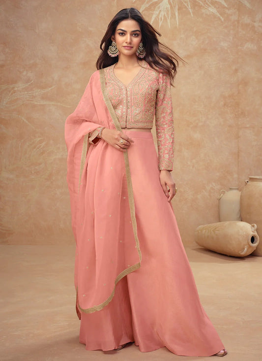 Designer Rose Peach Embroidered Simar Silk Co-ord Palazzo Set with Dupatta