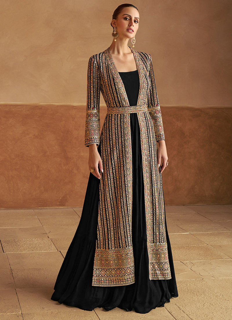 Buy Online Designer Black Georgette Long Sleeves Jacket Style Anarkali Gown XS (34") Buy Online Designer Black Georgette Long Sleeves Jacket Style Anarkali Gown XS (34")