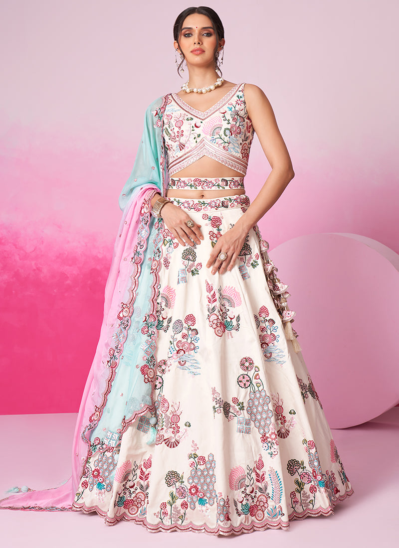 Luxurious Cream Silk Lehenga Choli with Sequins