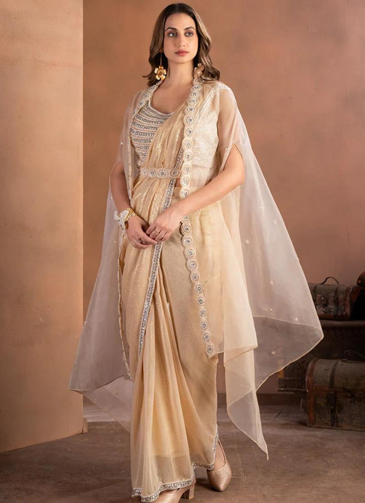Champagne Beige Pre-Draped Saree with Lace & Silver Accents – Party Wear for Women and Girls