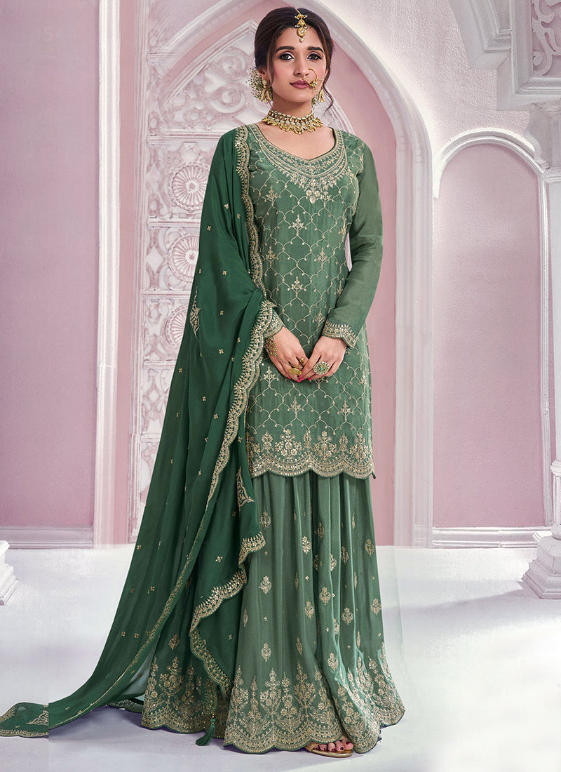 Buy Green Chinnon Embroidered Sharara Suit with Dupatta for Indian Weddings and Pakistani Festivals