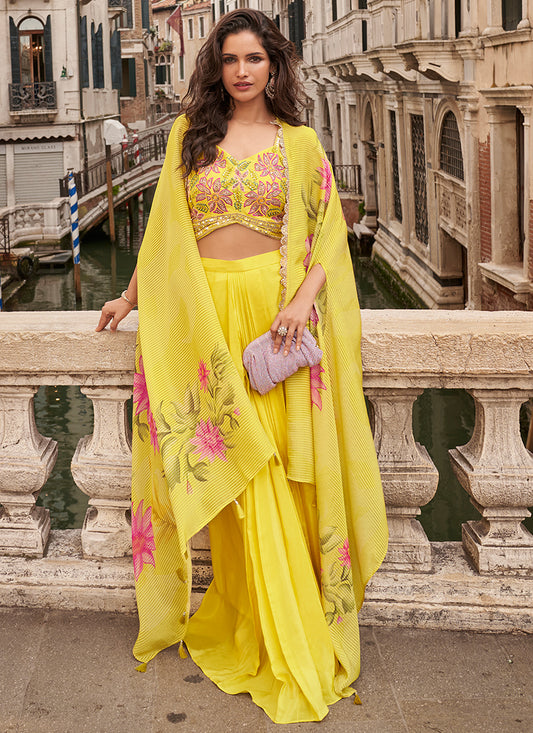 Yellow Indo Western Chinon Palazzo Set with Embroidered Blouse & Printed Cape