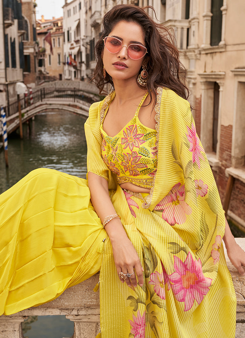 Yellow Indo Western Chinon Palazzo Set with Embroidered Blouse & Printed Cape