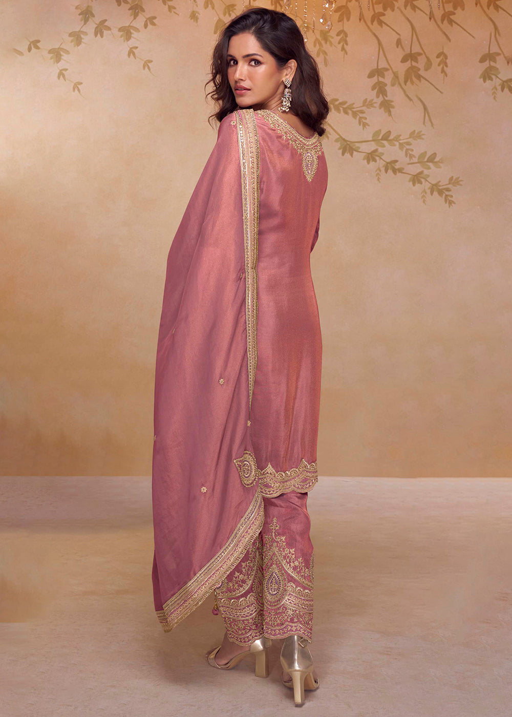 Designer Rose Pink Embroidered Simar Silk Salwar Suit with Dupatta For Diwali Celebration