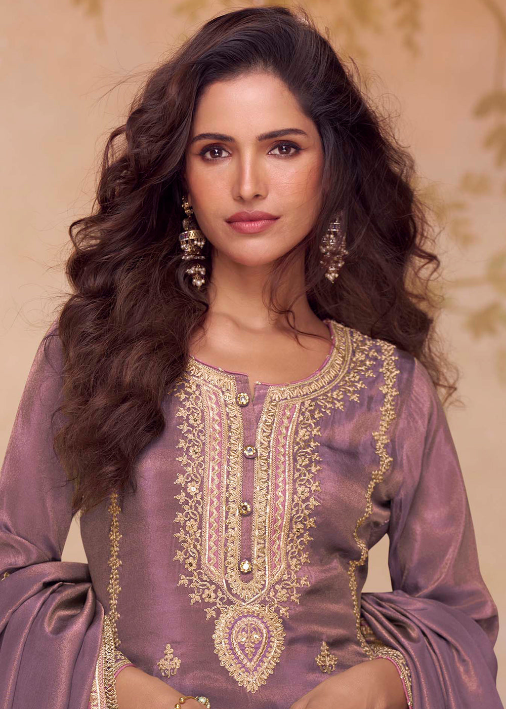 Designer Mauve Simar Silk Embroidered Salwar Suit with Intricate Golden Detailing