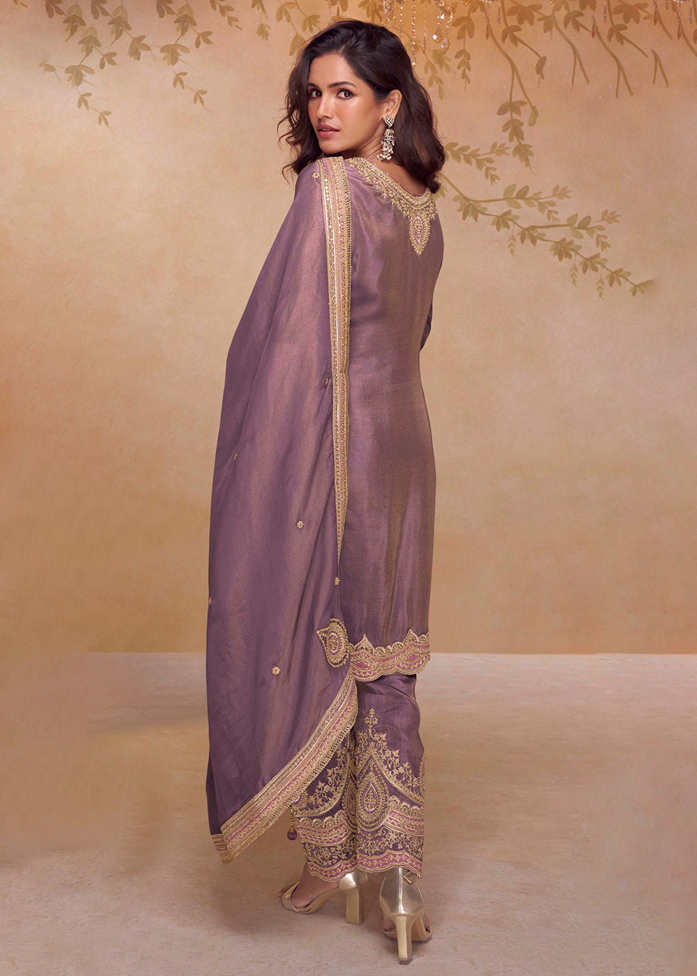 Designer Mauve Simar Silk Embroidered Salwar Suit with Intricate Golden Detailing