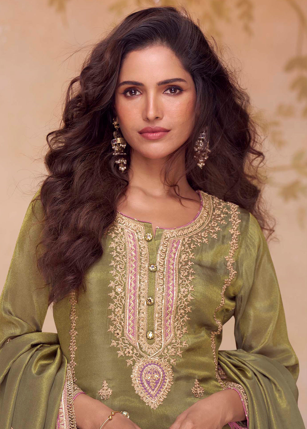 Designer Olive Green Simar Silk Embroidered Salwar Suit with Golden and Pink Detailing