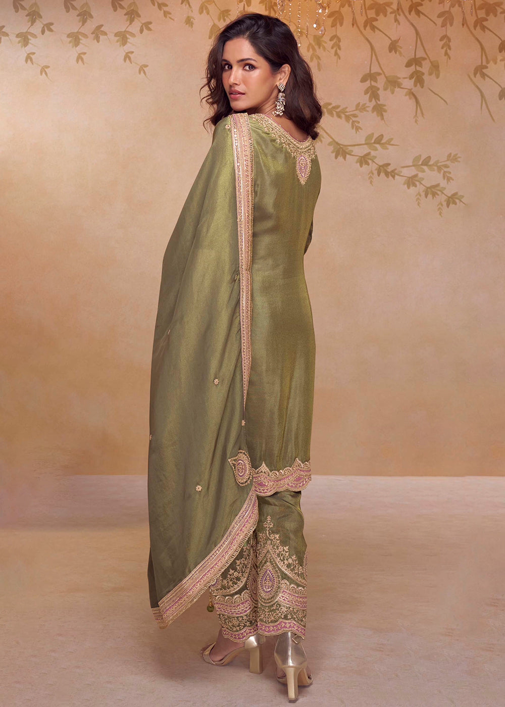 Designer Olive Green Simar Silk Embroidered Salwar Suit with Golden and Pink Detailing