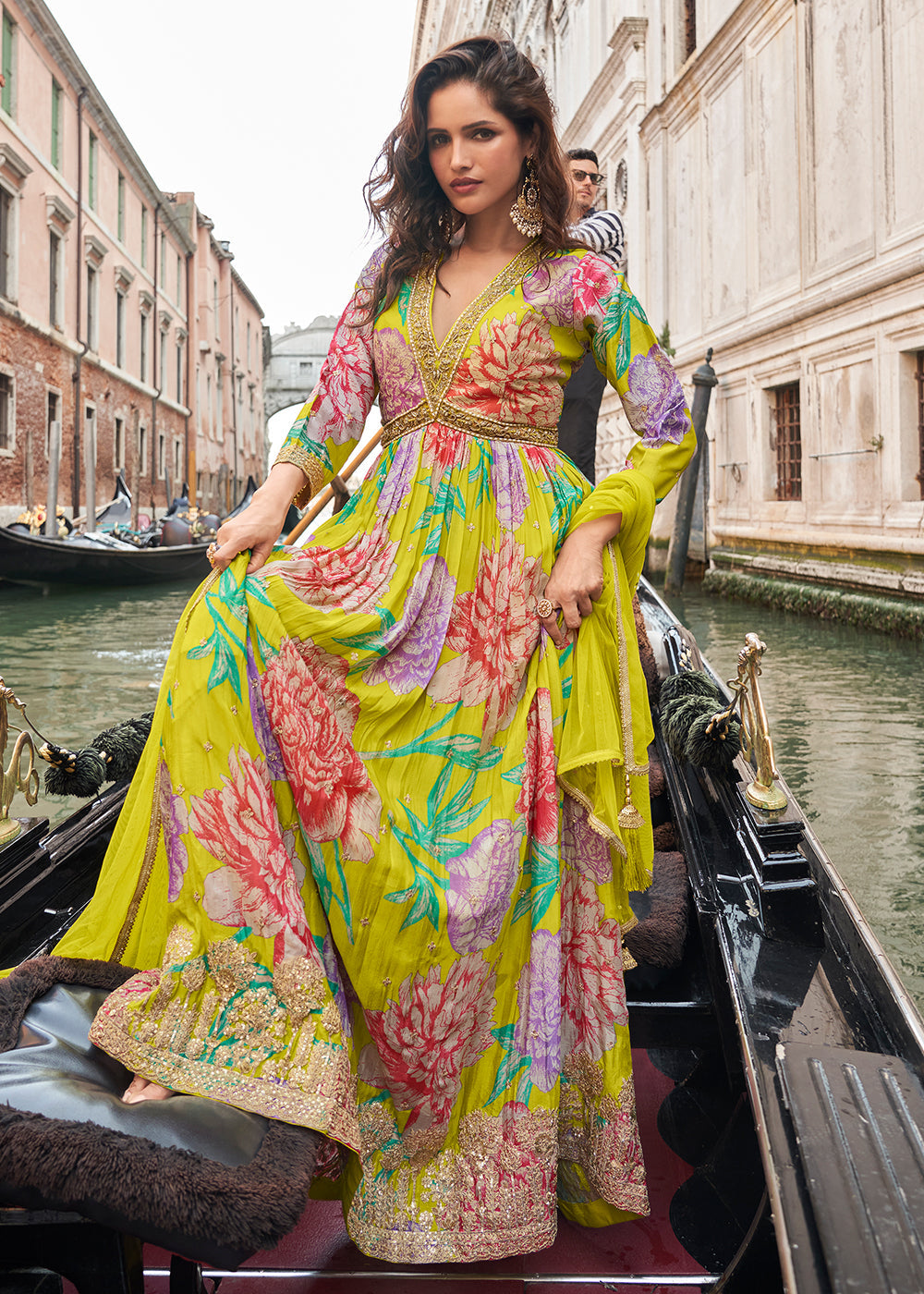 Designer Yellow Floral Chinon Anarkali Gown with Golden Embroidery