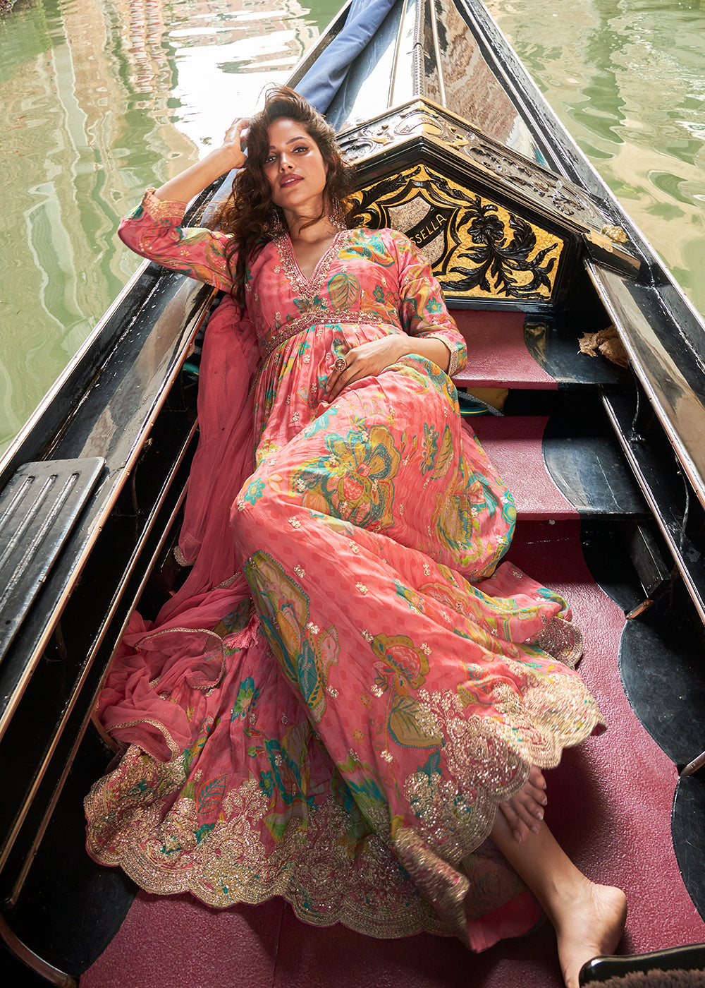 Designer Coral Peach Floral Chinon Anarkali Gown with Golden Embroidery and Dupatta