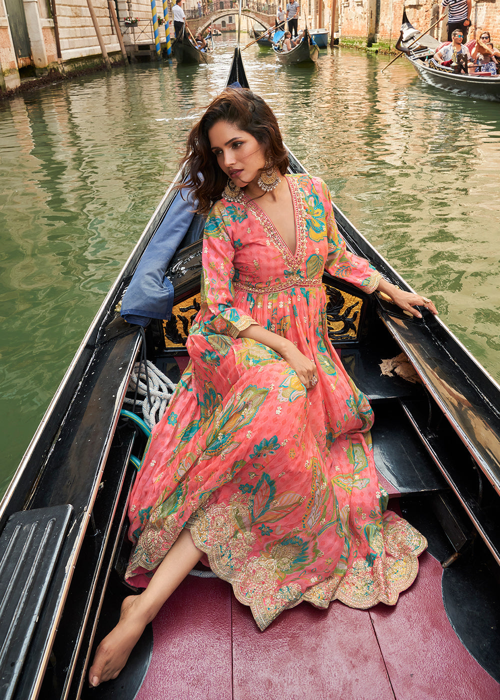Designer Coral Peach Floral Chinon Anarkali Gown with Golden Embroidery and Dupatta