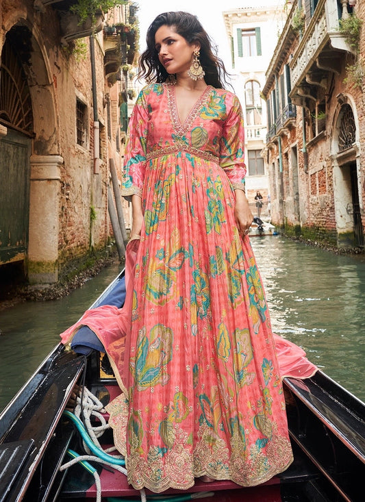 Designer Coral Peach Floral Chinon Anarkali Gown with Golden Embroidery and Dupatta