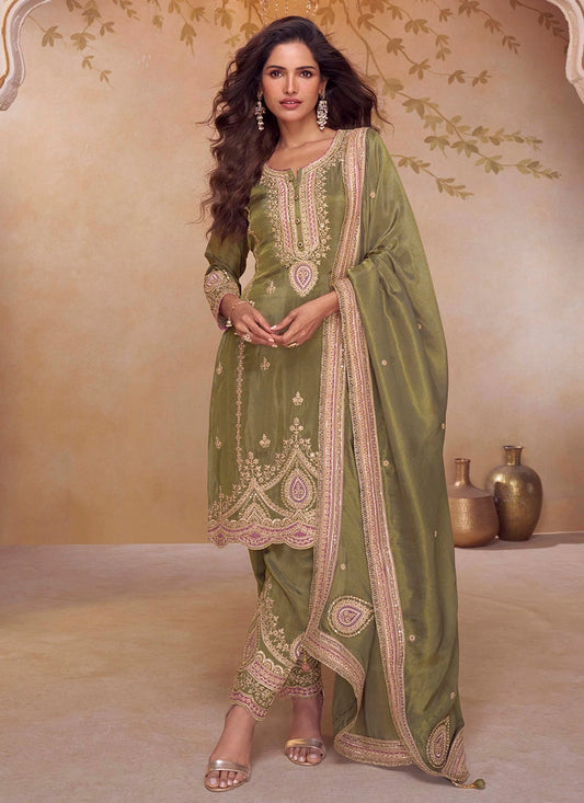 Designer Olive Green Simar Silk Embroidered Salwar Suit with Golden and Pink Detailing