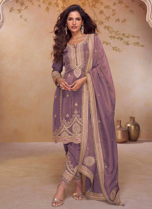 Designer Mauve Simar Silk Embroidered Salwar Suit with Intricate Golden Detailing