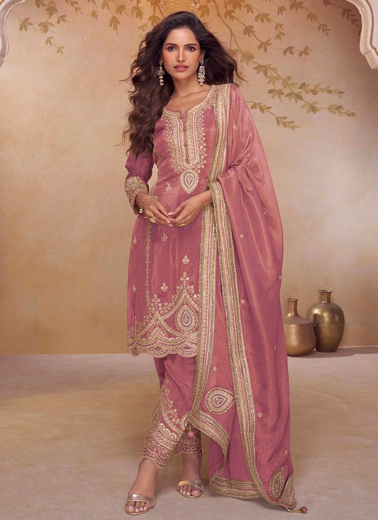Designer Rose Pink Embroidered Simar Silk Salwar Suit with Dupatta For Diwali Celebration