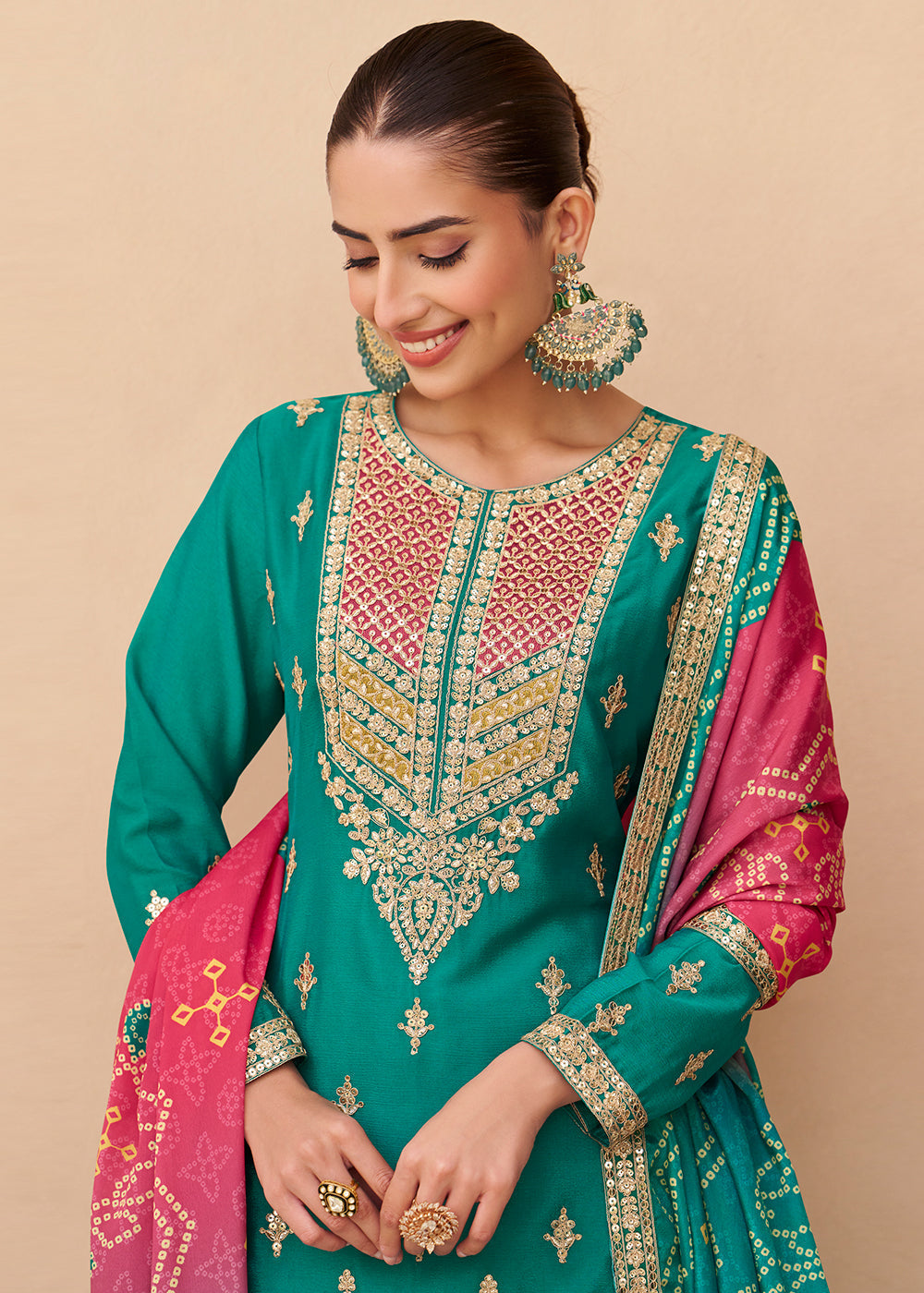 Designer Turquoise Embroidered Chinon Silk Palazzo Suit