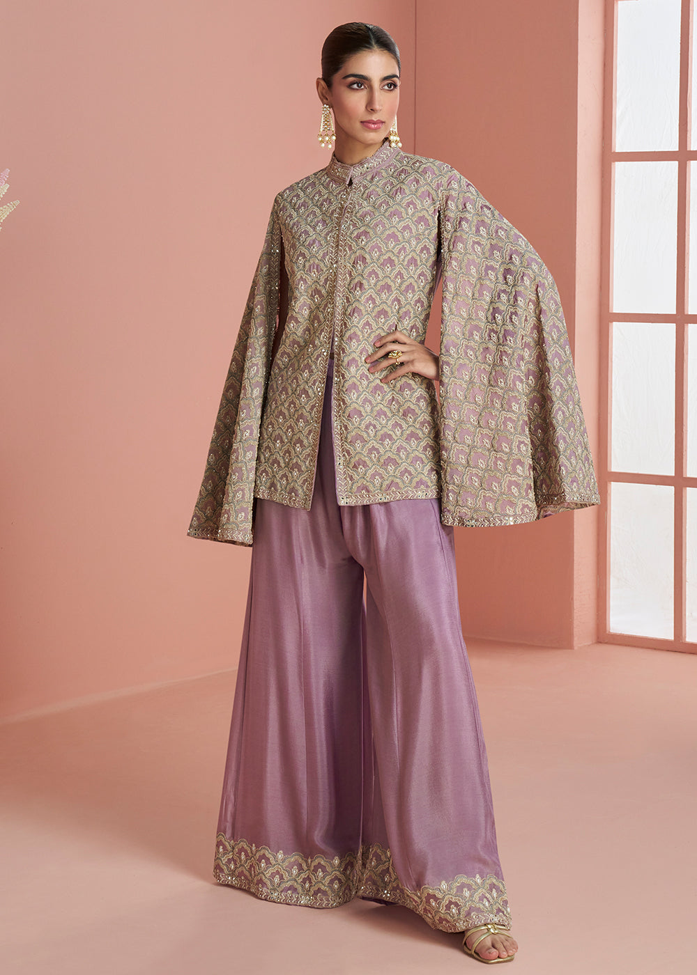 Designer Dusty Mauve Embroidered Indo Western Chinon Palazzo Suit