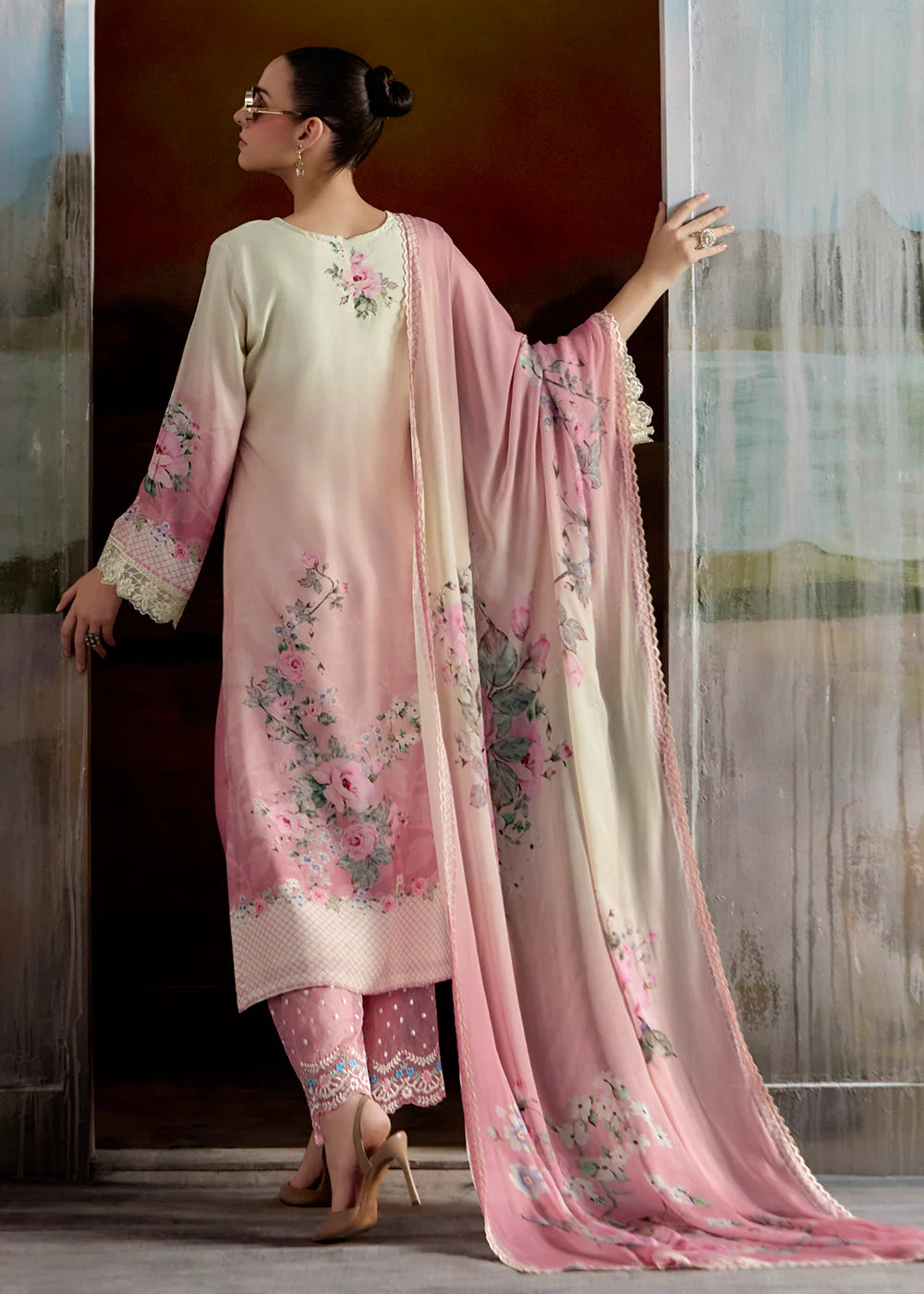 Peach Pink Muslin Embroidered Suit with Dupatta for Indian Wedding & Festival Wear