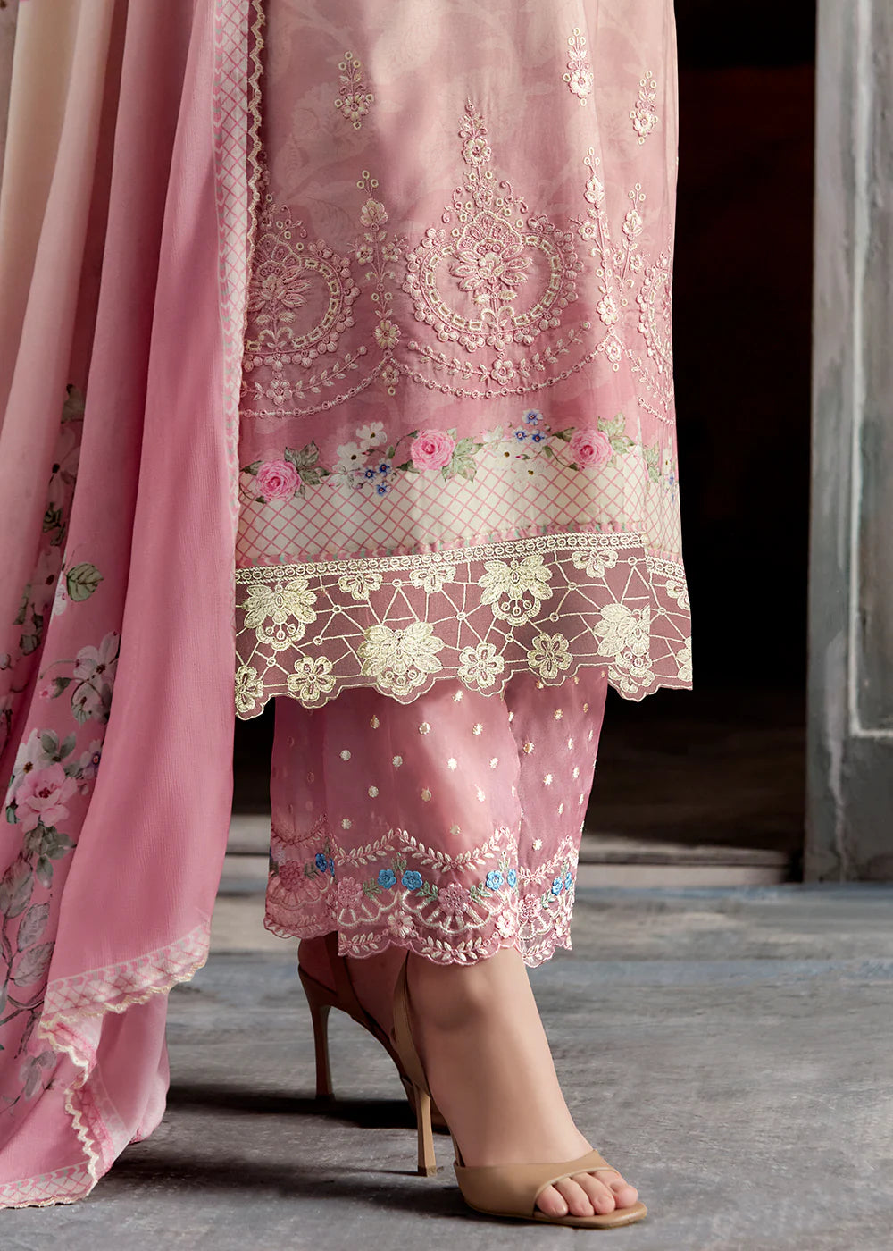 Peach Pink Muslin Embroidered Suit with Dupatta for Indian Wedding & Festival Wear
