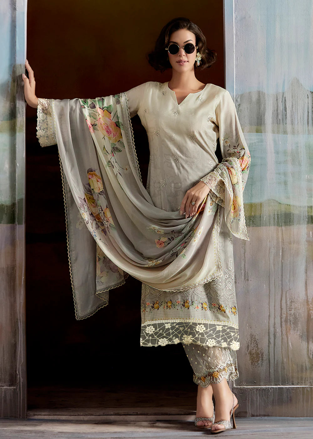Grey Muslin Suit for Pakistani Wedding & Indian Festival – Embroidered with Dupatta