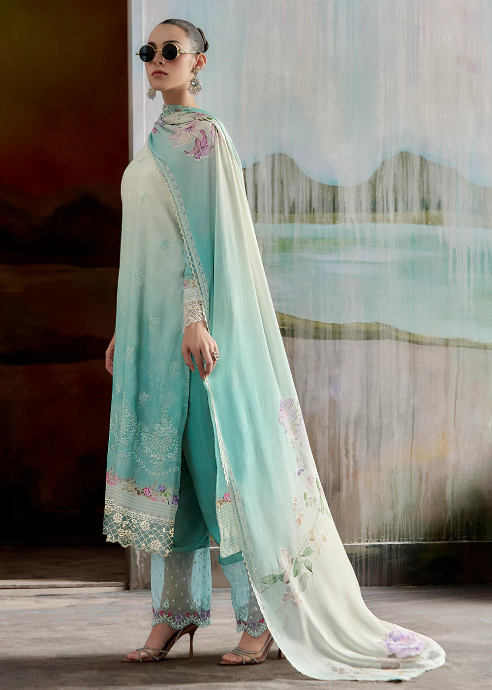 Aqua Green Embroidered Muslin Suit with Floral Dupatta – Diwali & Indian Party Wear for Women